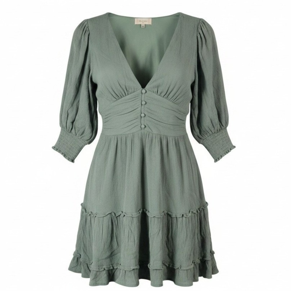Altar'd State Mini Dress Womens XS Sage Green Tiered Ruffle Crinkle Rayon Boho